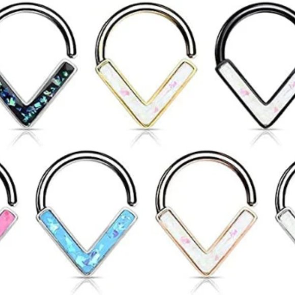 Opal Glitter Chevron Teardrop Nose Ring Hoop Septum 316L Surgical Steel Piercing - Picture 2 of 10